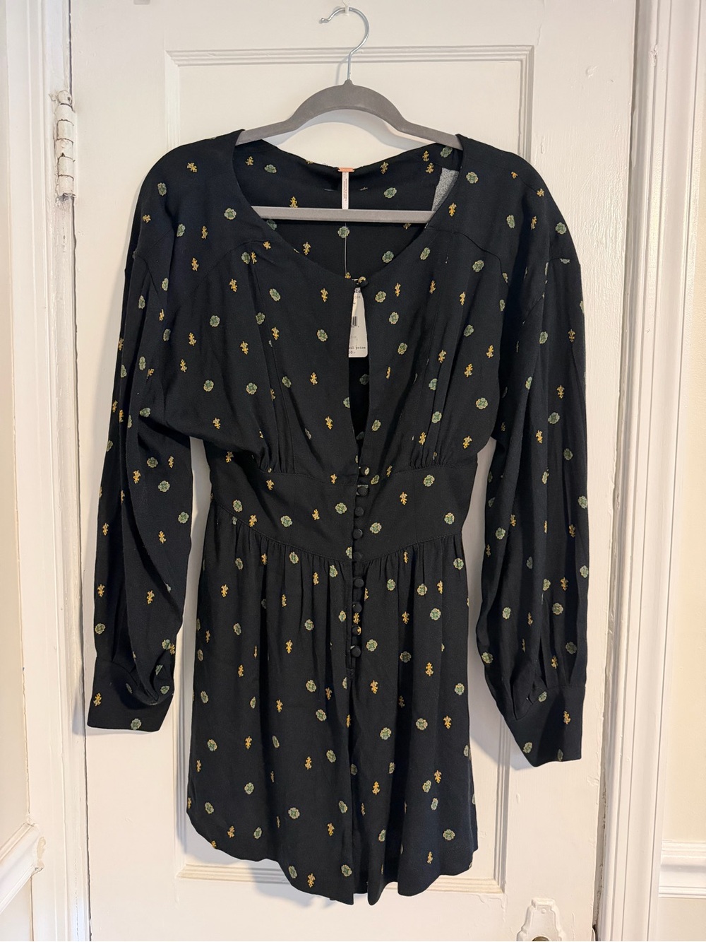 Free People Black Long-Sleeve Romper with Green and Gold Dots